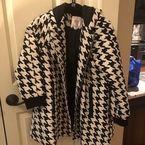 Zara Black and white herringbone hooded wool coat